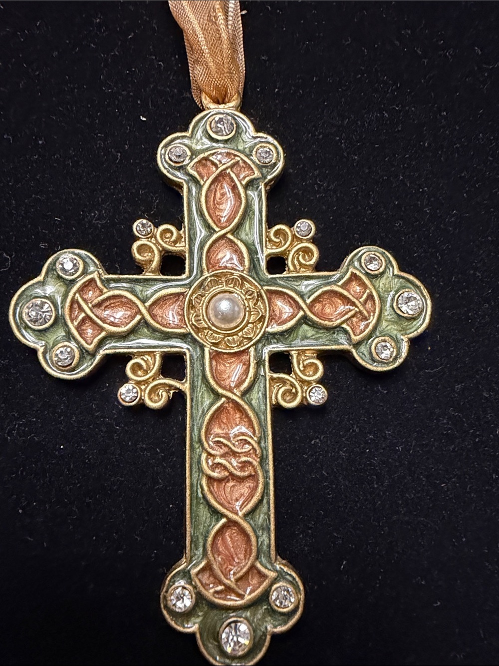 Ornate Celtic-Style Cross Pendant in Green and Rose Gold